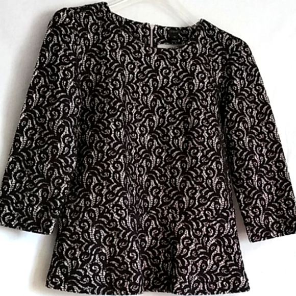 J.Crew Black Paisley Lace Peplum Top Back Showy Zipper 3/4 Sleeves - Picture 1 of 6